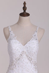 Glamorous Mermaid White Tulle Lace Wedding Dress Straps V-Neck Appliques Beadings Bridal Gowns On Sale-27dress