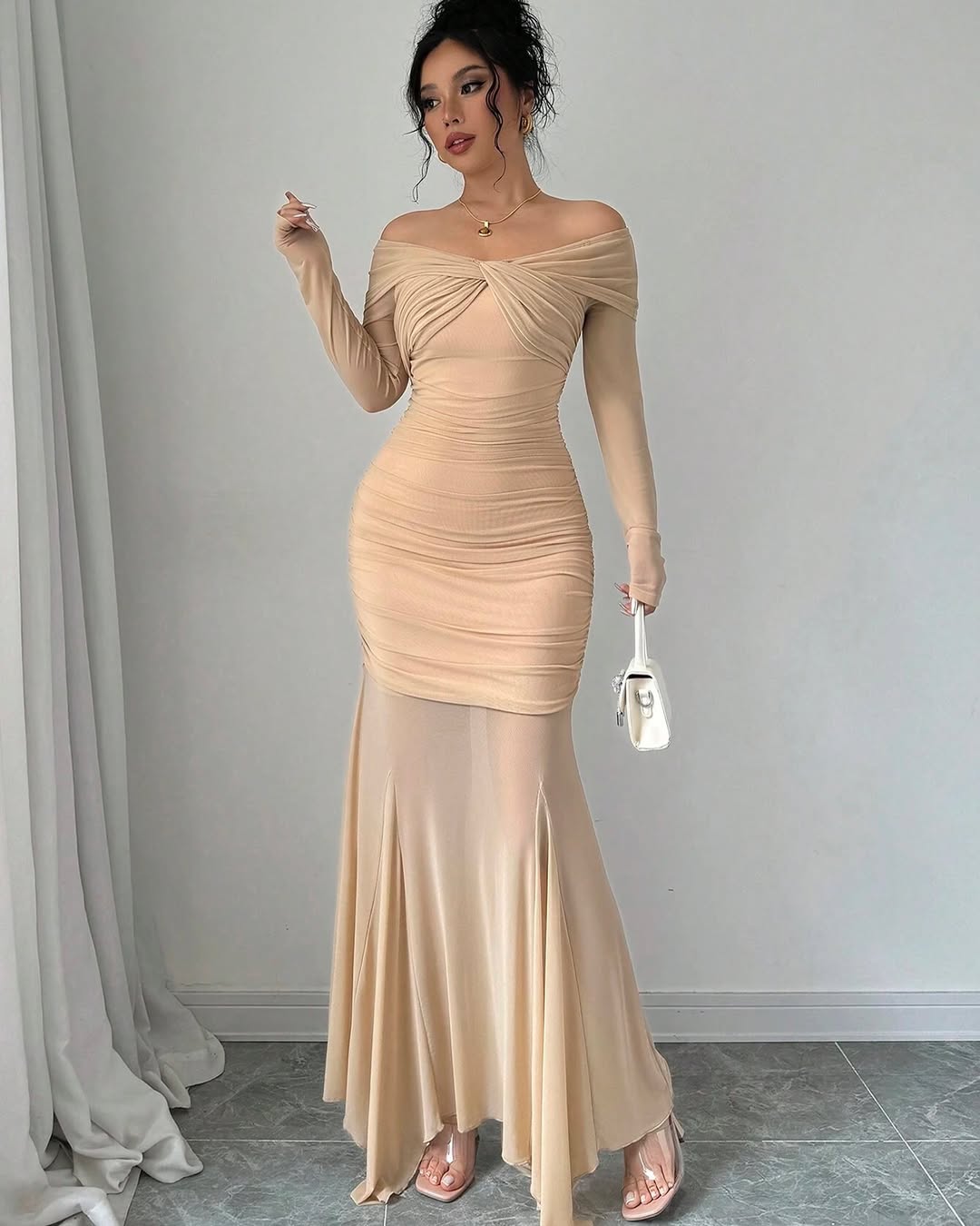 Glamorous Off-The-Shoulder Long Sleeves Mermaid Prom Dress With Pleated HF0002