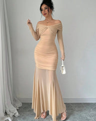 Glamorous Off-The-Shoulder Long Sleeves Mermaid Prom Dress With Pleated HF0002
