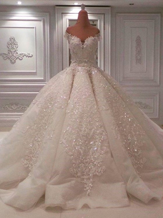 Glamorous Off-the-shoulder White A-line Wedding Dresses Tulle Ruffles Lace Bridal Gowns With Appliques Online-27dress