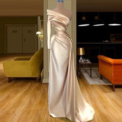 Glamorous One Shoulder Champagne Long Sleeve Prom Dress Mermaid With Pleated