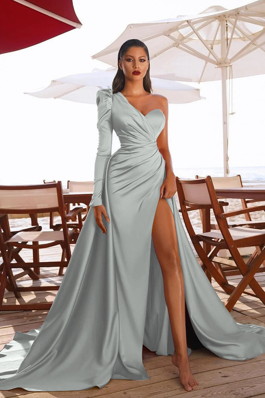 Glamorous One Shoulder Long Sleeve Long Pleated Prom Dress With High Split