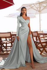 Glamorous One Shoulder Long Sleeve Long Pleated Prom Dress With High Split