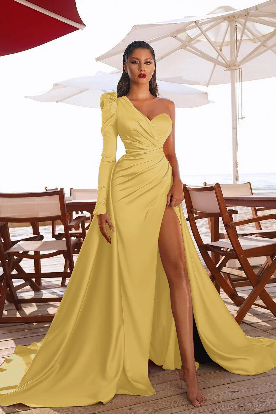 Glamorous One Shoulder Long Sleeve Long Pleated Prom Dress With High Split