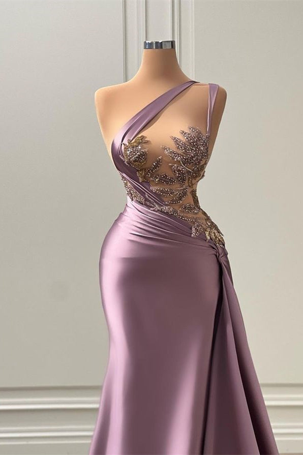 Glamorous Purple One Shoulder Sleeveless Long Mermaid  Prom Dress with Appliques