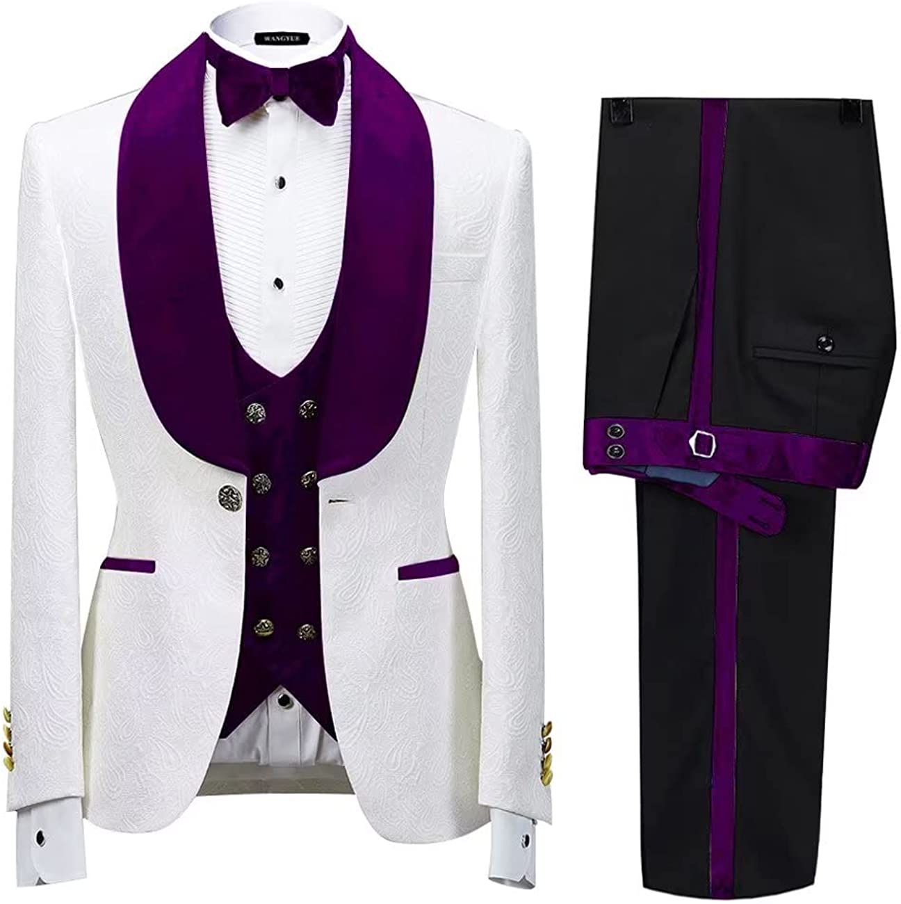 Glamorous Shawl Lapel Three Pieces Jacquard Purple Wedding Suits