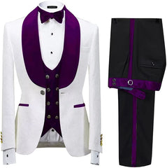 Glamorous Shawl Lapel Three Pieces Jacquard Purple Wedding Suits