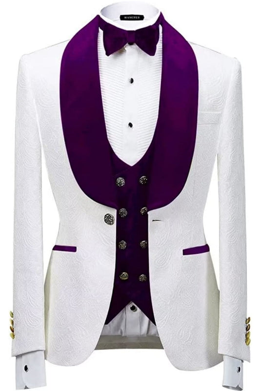 Glamorous Shawl Lapel Three Pieces Jacquard Purple Wedding Suits