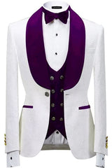 Glamorous Shawl Lapel Three Pieces Jacquard Purple Wedding Suits