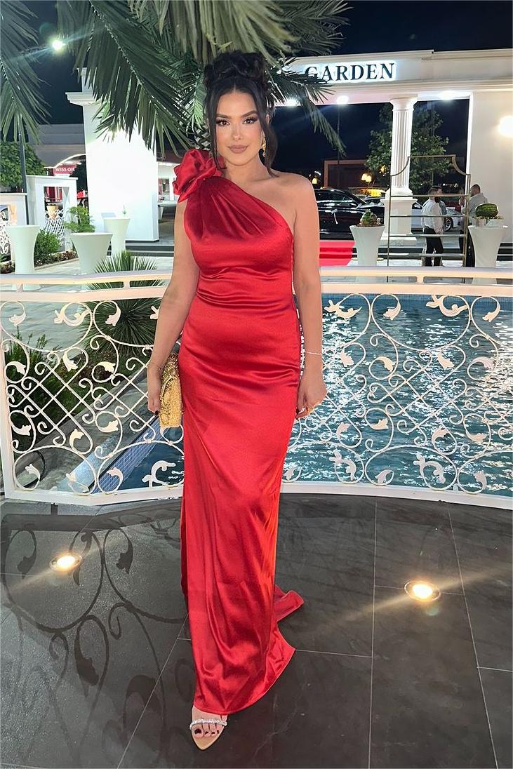 Glamorous Red Satin One Shoulder Sleeveless Long Prom Dress With Pleated