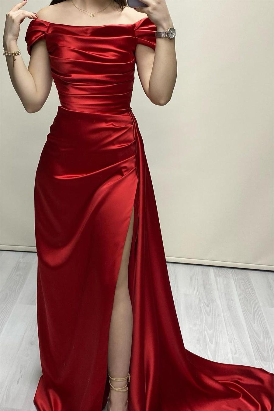 Glamorous Red Stain Off the Shoulder Sleeveless Pleated Long Prom Dress With Split
