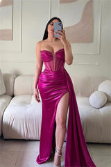 Glamorous Red Strapless Sleeveless Pleated Long Split Prom Dress With Sequins