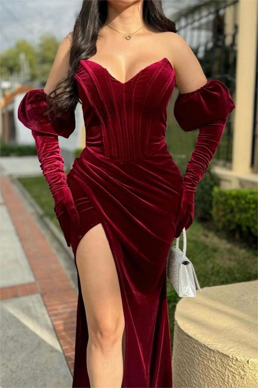 Glamorous Red Velvet Strapless Pleated Long Split Prom Dress With Gloves