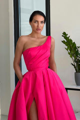 Glamorous Rose Pink One Shoulder Sleeveless Ball Gown Long Prom Dress with Split