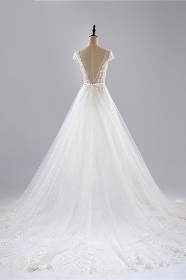 Glamorous Shortsleeves Jewel Appliques Wedding Dresses A-line Tulle Lace Bridal Gowns On Sale-27dress
