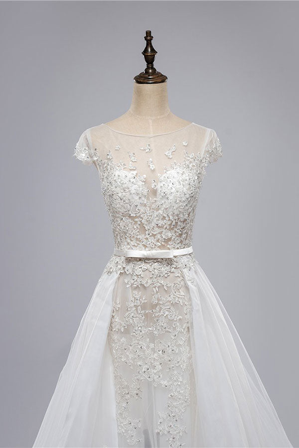 Glamorous Shortsleeves Jewel Appliques Wedding Dresses A-line Tulle Lace Bridal Gowns On Sale-27dress