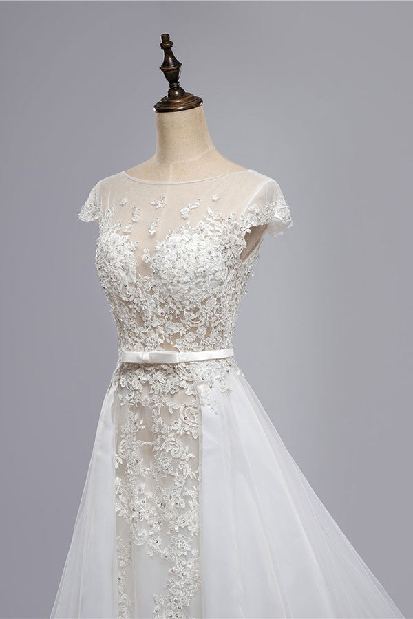 Glamorous Shortsleeves Jewel Appliques Wedding Dresses A-line Tulle Lace Bridal Gowns On Sale-27dress