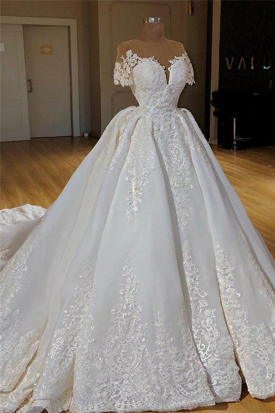 Load image into Gallery viewer, Glamorous Shortsleeves Jewel White Wedding Dresses With Appliques A-line Lace Bridal Gowns On Sale-27dress
