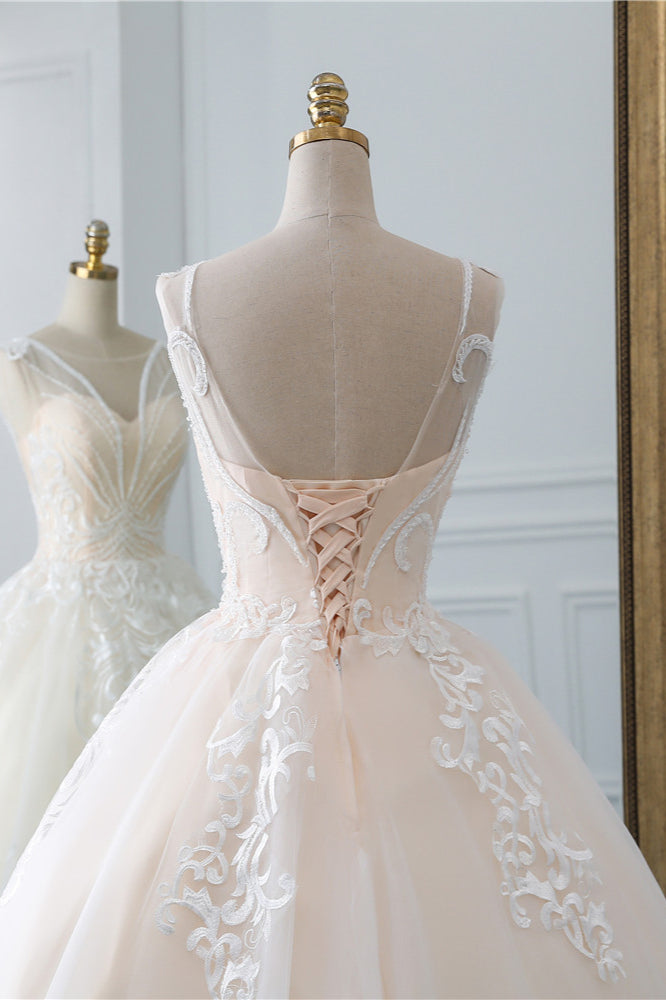 Glamorous Sleeveless Jewel Pink Wedding Dresses Tulle Ruffles Bridal Gowns With Appliques Online-27dress