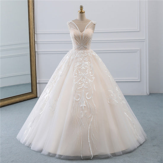 Glamorous Sleeveless Jewel Pink Wedding Dresses Tulle Ruffles Bridal Gowns With Appliques Online-27dress