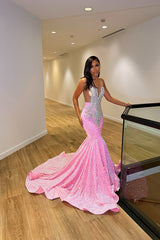 Glamorous Sliver And Pink V Neck Mermaid Prom Dress  Sleeveless Leaky Back