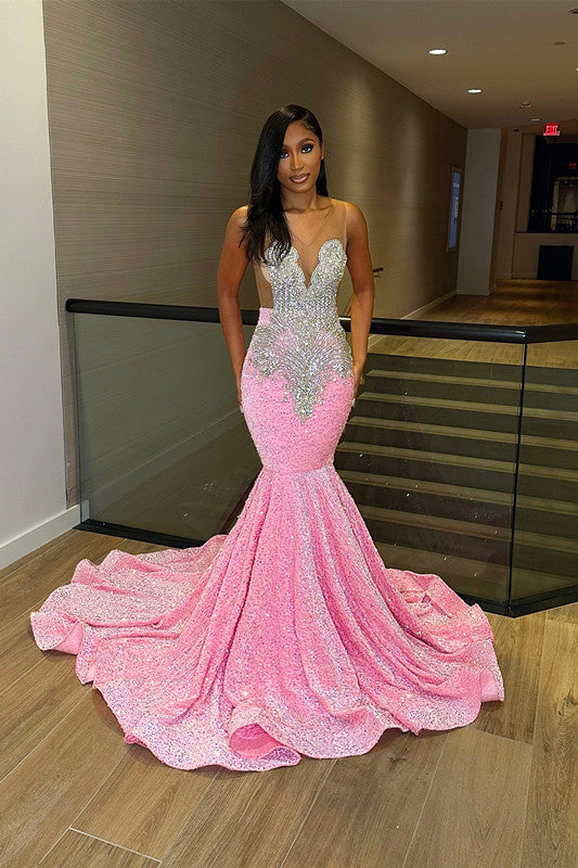 Glamorous Sliver And Pink V Neck Mermaid Prom Dress  Sleeveless Leaky Back