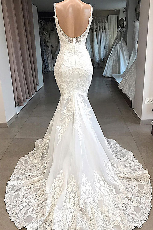 Glamorous Spaghetti Straps Ivory Mermaid Wedding Dresses With Appliques Sleeveless Lace Bridal Gowns On Sale-27dress