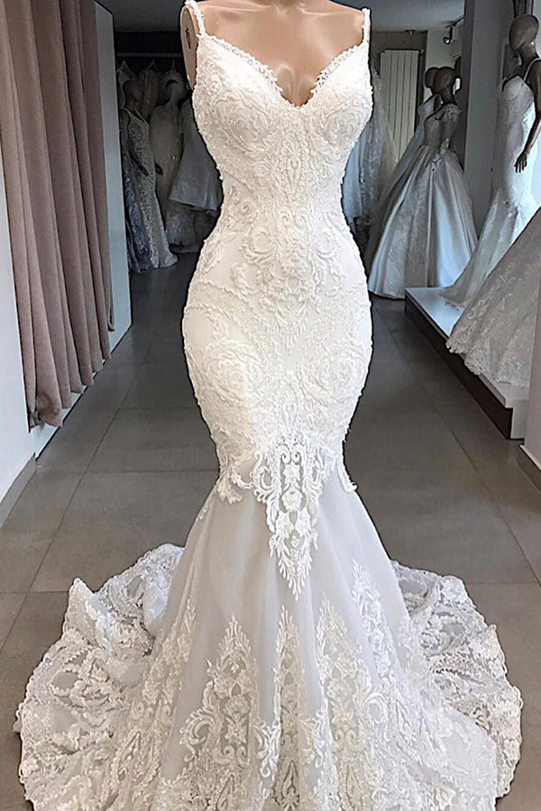Glamorous Spaghetti Straps Ivory Mermaid Wedding Dresses With Appliques Sleeveless Lace Bridal Gowns On Sale-27dress