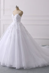 Glamorous Spaghetti Straps V-Neck Tulle Wedding Dress Ball Gown Ruffles Appliques Bridal Gowns Online-27dress