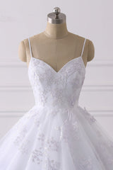 Glamorous Spaghetti Straps V-Neck Tulle Wedding Dress Ball Gown Ruffles Appliques Bridal Gowns Online-27dress