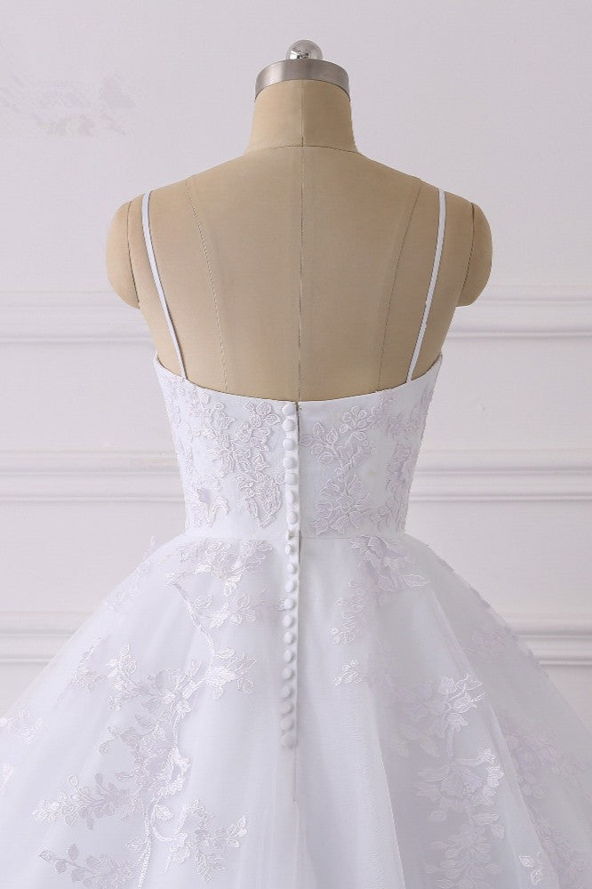Glamorous Spaghetti Straps V-Neck Tulle Wedding Dress Ball Gown Ruffles Appliques Bridal Gowns Online-27dress