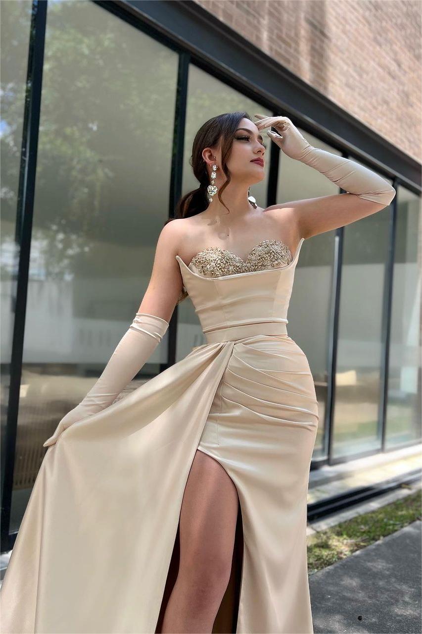 Glamorous Stain Strapless Pleated Long Split Beaded Prom Dress With Long Gloves