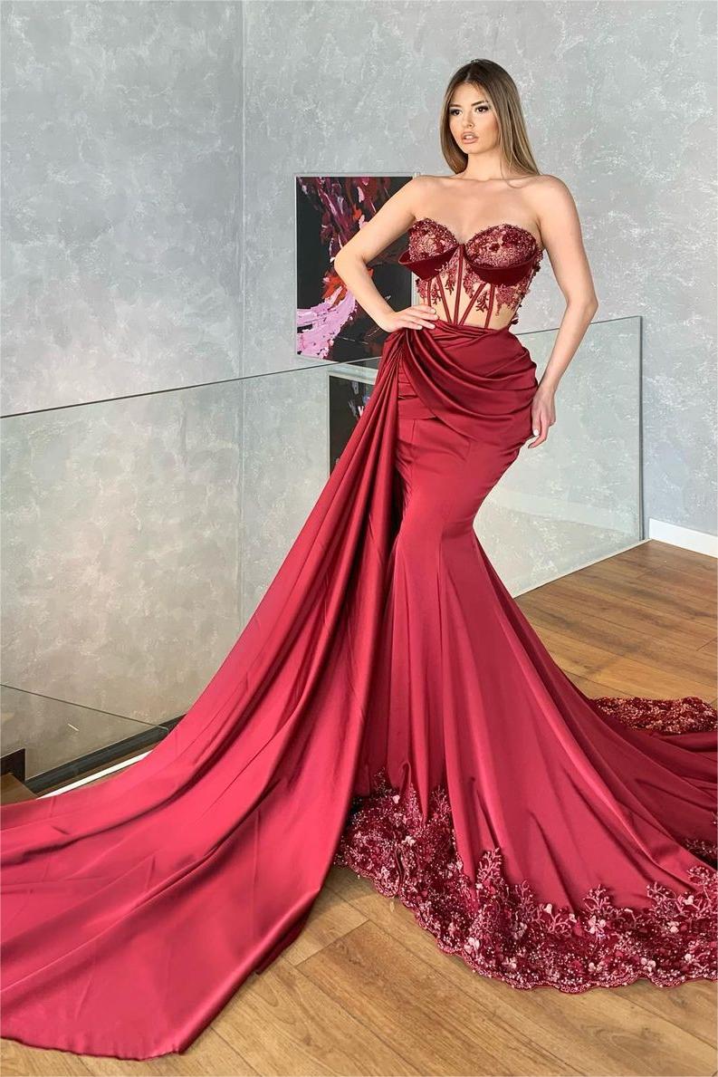 Glamorous Strapless Sleeveless Long Pleated Mermaid Prom Dress With Embroidery