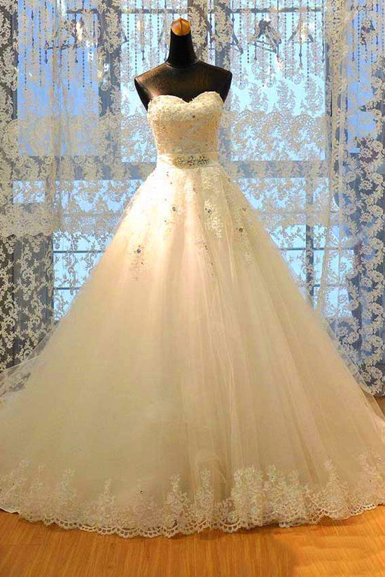 Load image into Gallery viewer, Glamorous Strapless Sleevelsss Tulle Wedding Dress Sweetheart Appliques Bridal Gowns with Rhinestones On Sale-27dress
