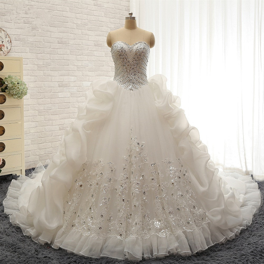 Glamorous Sweetheart White Sequins Wedding Dresses With Appliques Tulle Ruffles Bridal Gowns Online-27dress