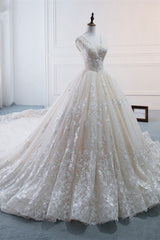 Glamorous Tulle Lace Appliques Wedding Dress V-Neck Pearls Sleeveless Bridal Gowns with Rhinestones On Sale-27dress