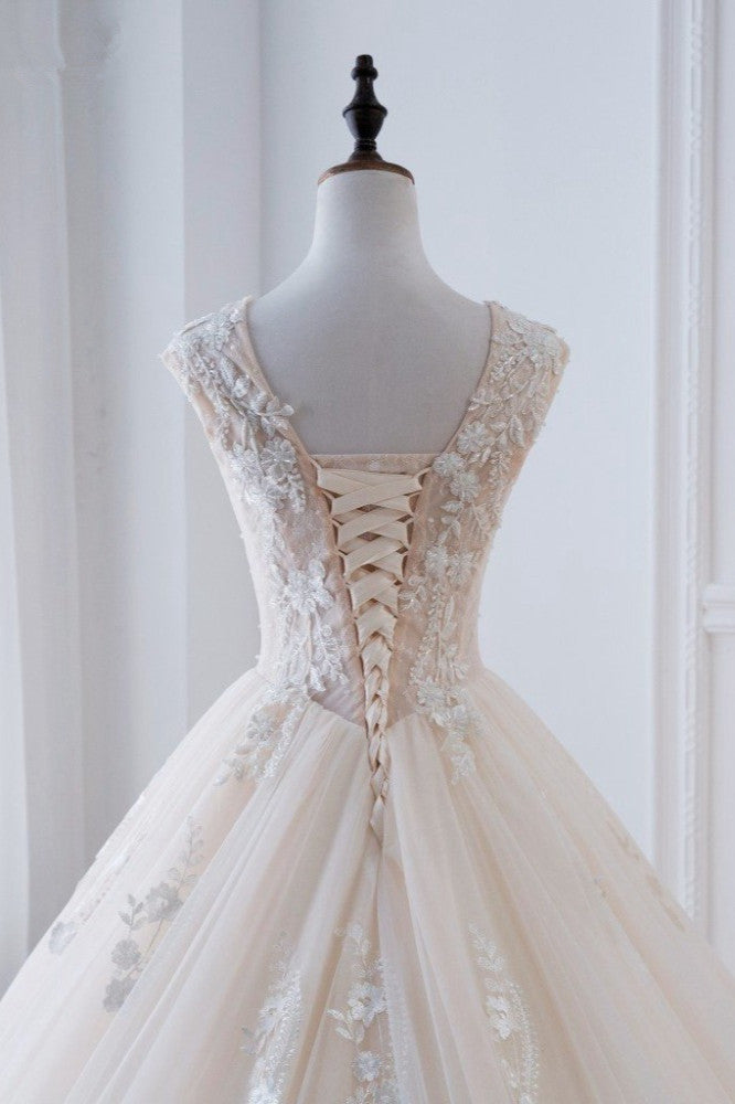 Glamorous Tulle Lace Appliques Wedding Dress V-Neck Pearls Sleeveless Bridal Gowns with Rhinestones On Sale-27dress