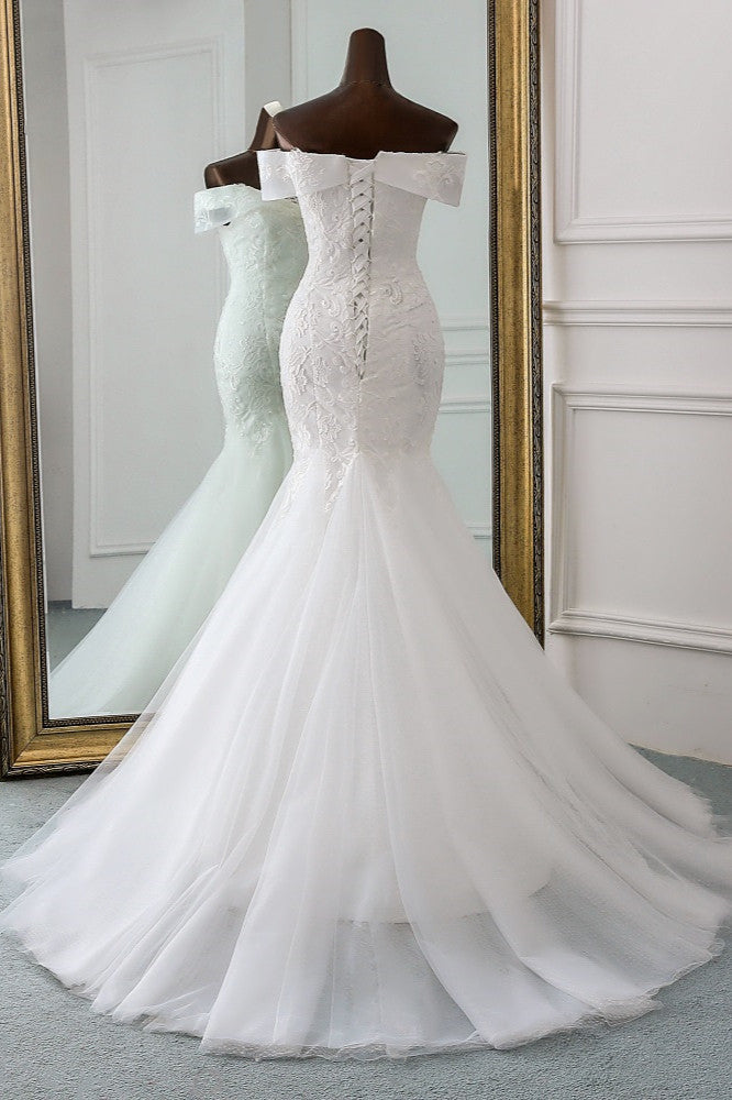 Glamorous Tulle Lace Off-the-Shoulder White Mermaid Wedding Dresses Online-27dress