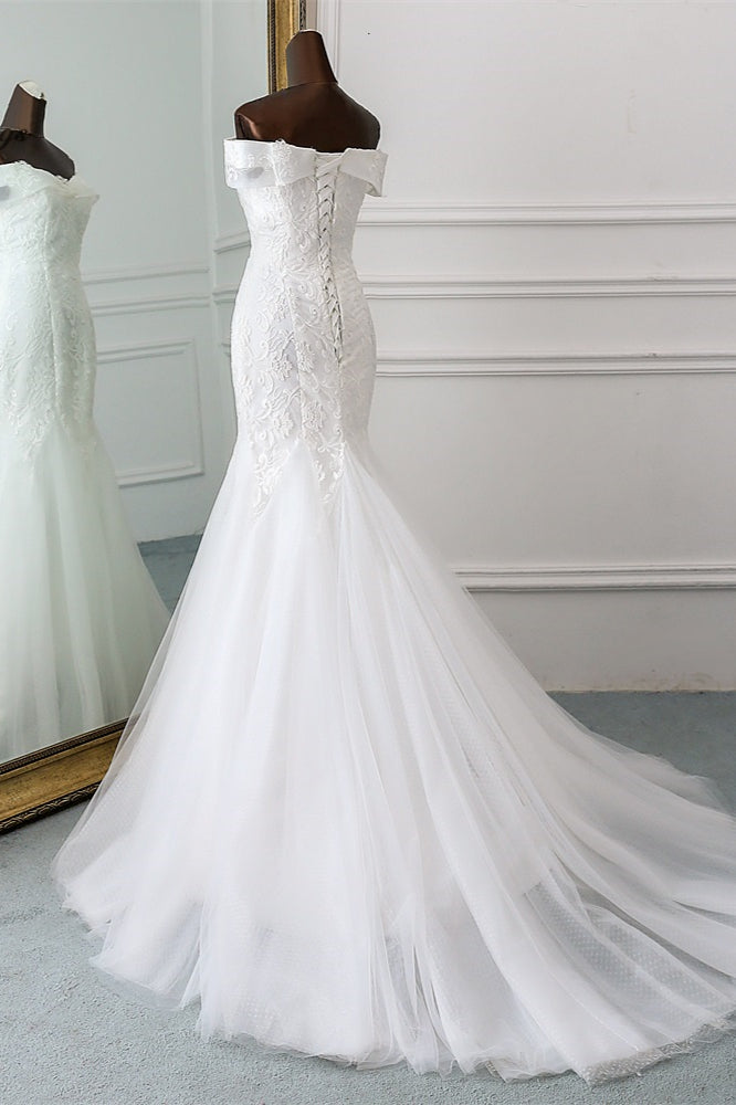 Glamorous Tulle Lace Off-the-Shoulder White Mermaid Wedding Dresses Online-27dress