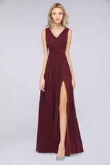 Glamorous TulleV-Neck Ruffle Burgundy Bridesmaid Dress Online-27dress