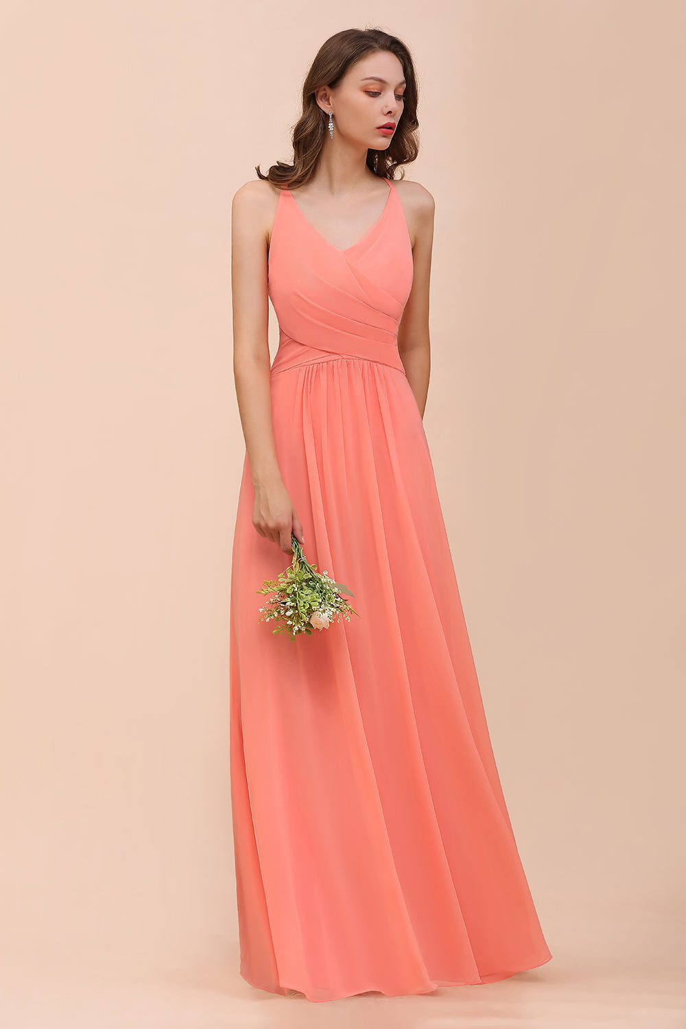 Coral Chiffon V-Neck Bridesmaid Dress with Ruffle