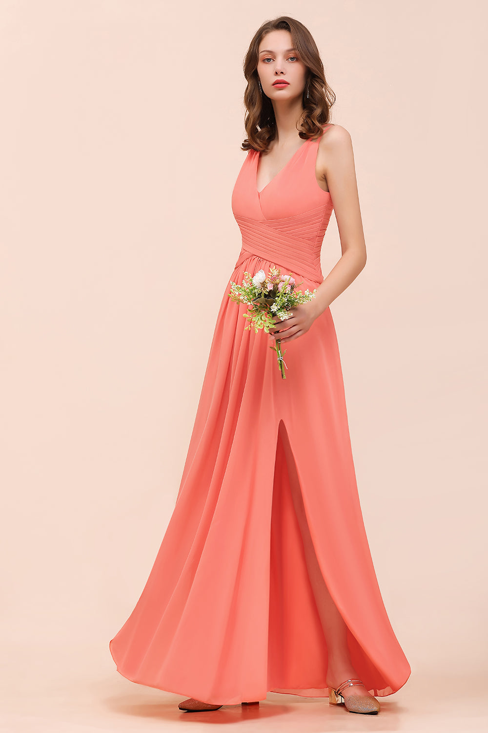 Glamorous V-Neck Ruffle Chiffon Long Bridesmaid Dress With Slit-27dress