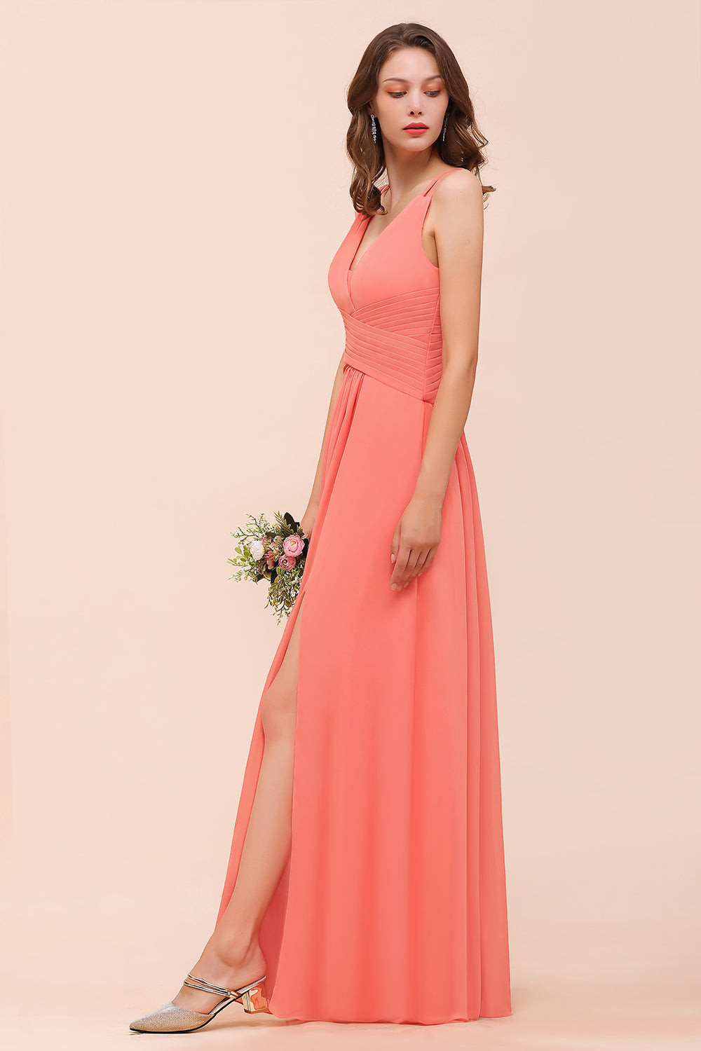 Glamorous V-Neck Ruffle Chiffon Long Bridesmaid Dress With Slit-27dress