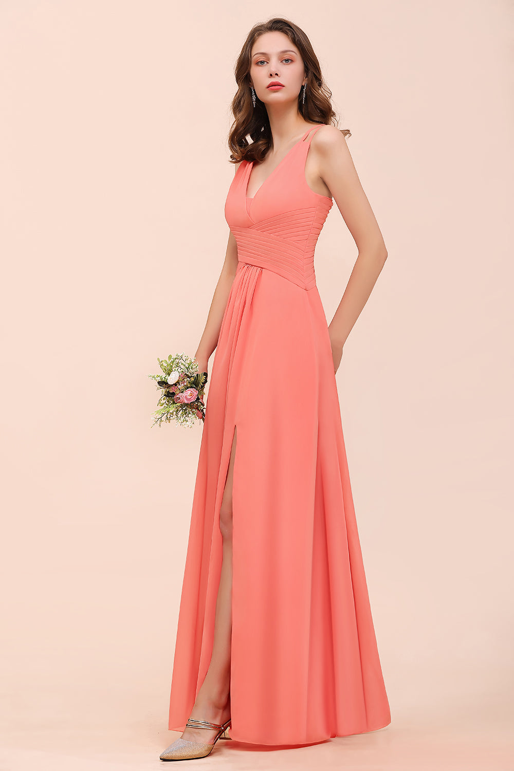 Glamorous V-Neck Ruffle Chiffon Long Bridesmaid Dress With Slit-27dress