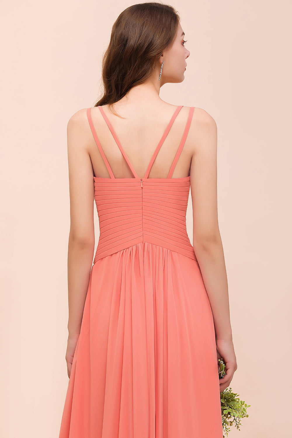 Glamorous V-Neck Ruffle Chiffon Long Bridesmaid Dress With Slit-27dress