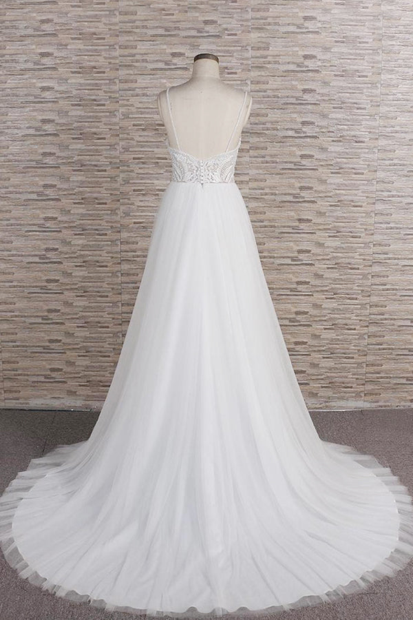 Glamorous V-neck Spaghetti Straps White Wedding Dresses A-line Sleeveless Tulle Lace Bridal Gowns Online-27dress