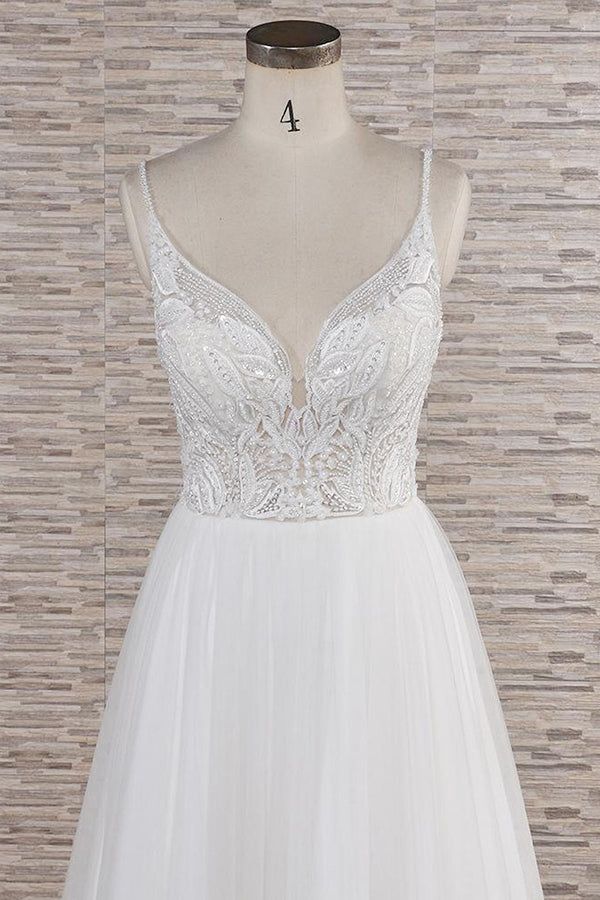 Glamorous V-neck Spaghetti Straps White Wedding Dresses A-line Sleeveless Tulle Lace Bridal Gowns Online-27dress