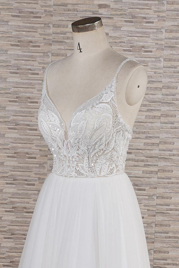Glamorous V-neck Spaghetti Straps White Wedding Dresses A-line Sleeveless Tulle Lace Bridal Gowns Online-27dress