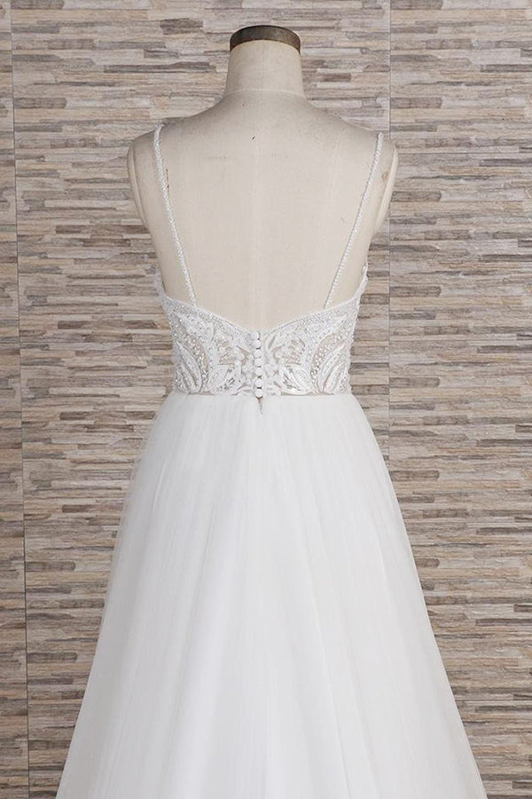 Glamorous V-neck Spaghetti Straps White Wedding Dresses A-line Sleeveless Tulle Lace Bridal Gowns Online-27dress
