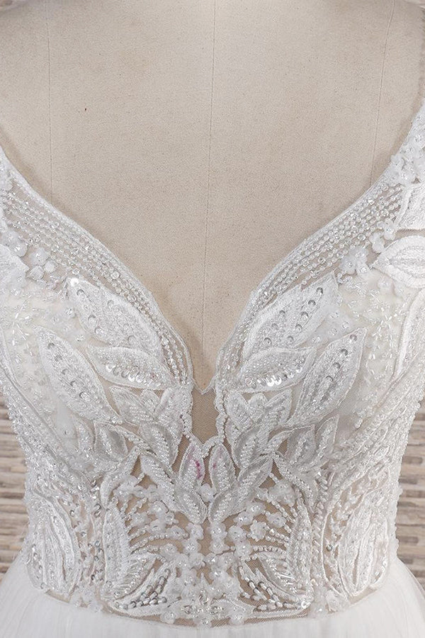 Glamorous V-neck Spaghetti Straps White Wedding Dresses A-line Sleeveless Tulle Lace Bridal Gowns Online-27dress